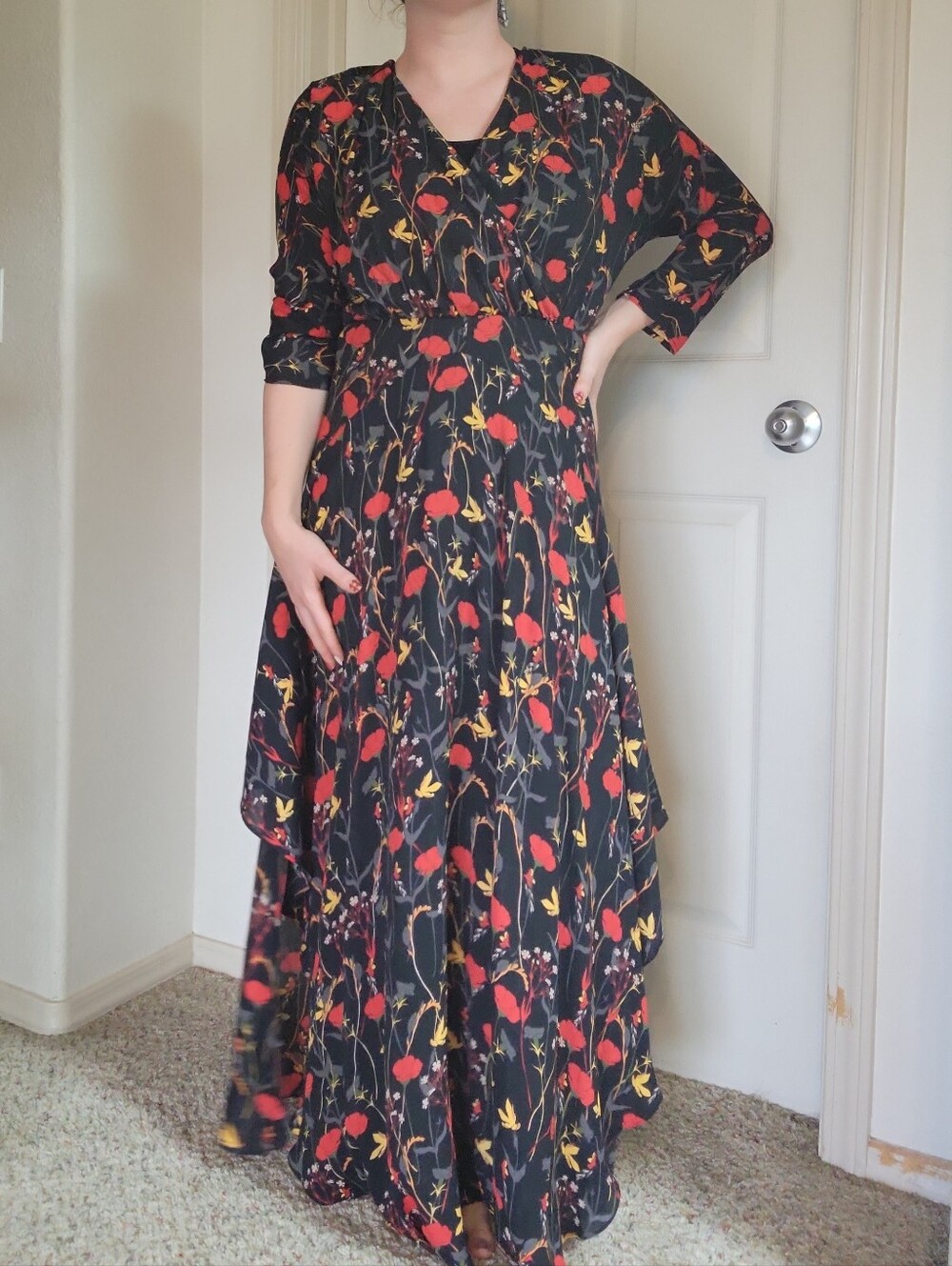 Catherine Malandrino Black and Red Floral Long Sleeve Maxi Dress Women's Size S